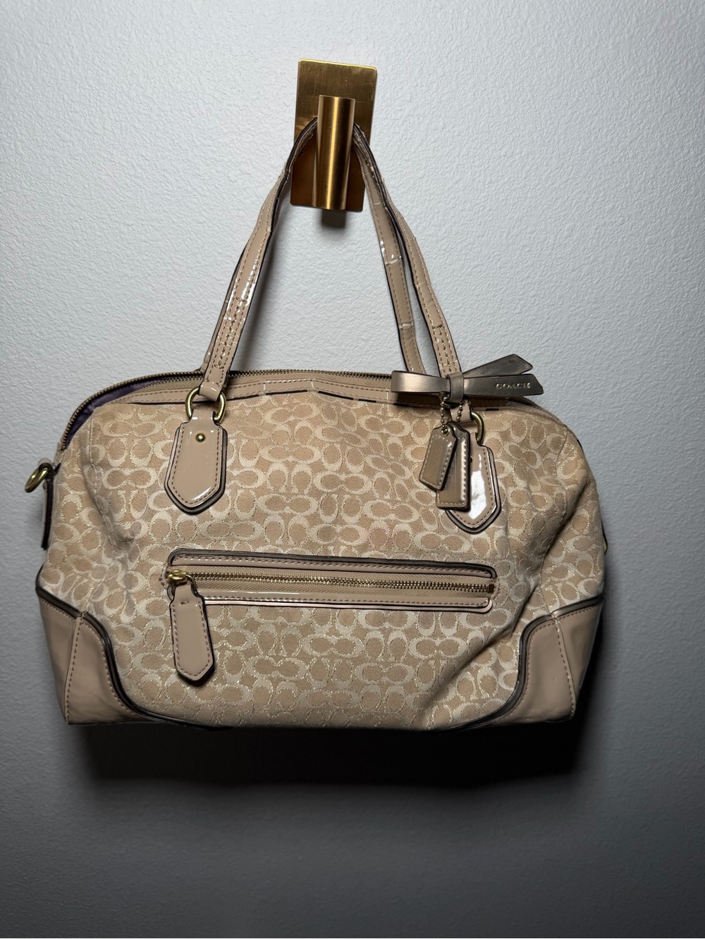 Coach Beige Signature Satchel with Leather Trim